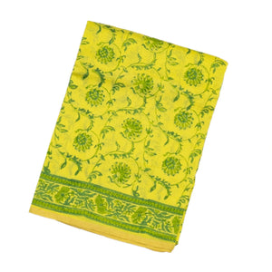 Lemon Yellow Handloom Chanderi Cotton Saree With Printed Green Floral Motif
