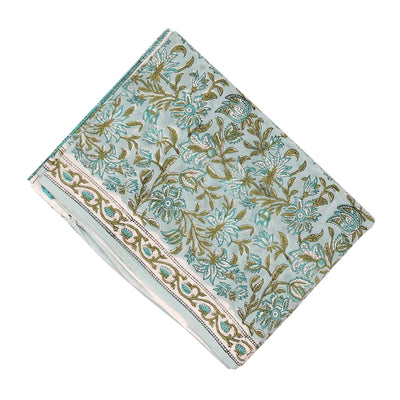 Turquoise Woven Jaipur Cotton Saree Printed With Green Floral Motifs