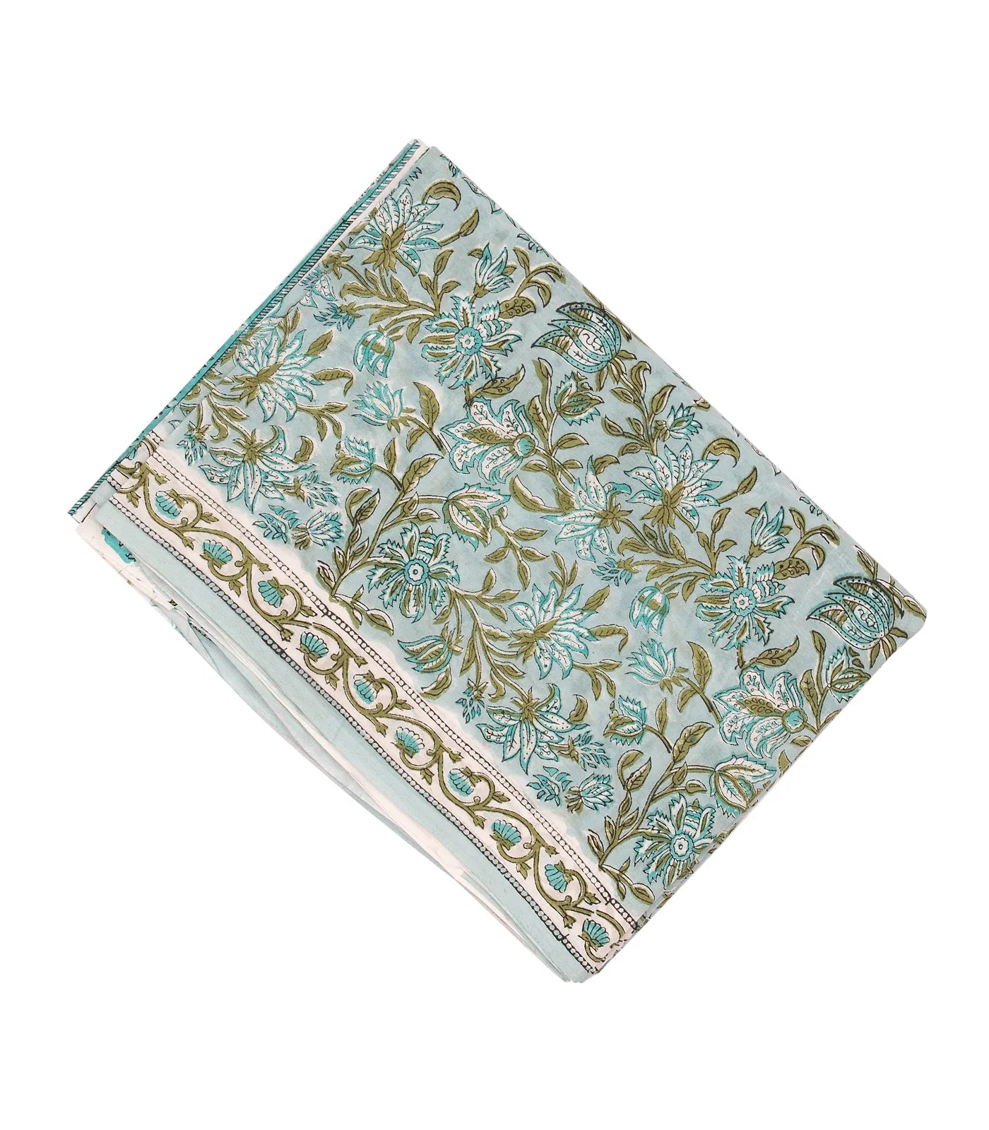 Turquoise Woven Jaipur Cotton Saree Printed With Green Floral Motifs