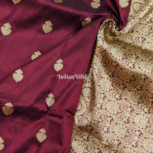Wine Floral Motif Designer Banarasi Silk Saree