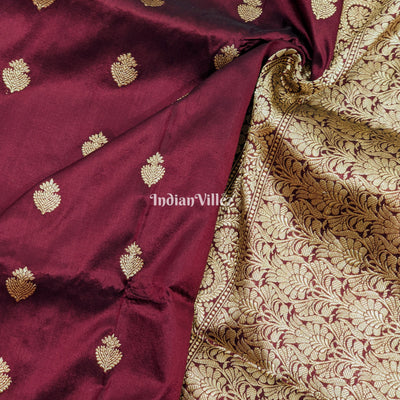 Wine Floral Motif Designer Banarasi Silk Saree