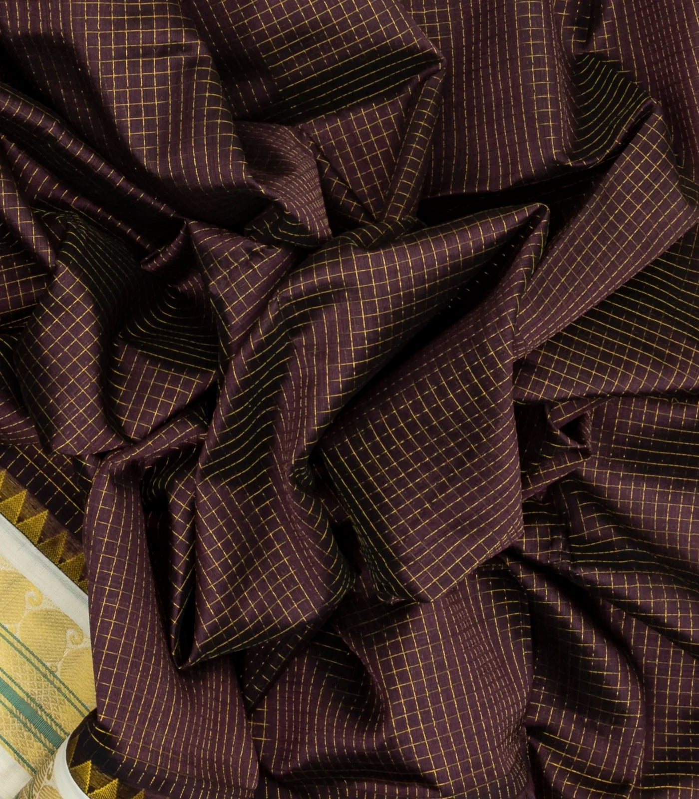 Dark Brown Handloom Korvai Silk Cotton Saree With Contrast White Border