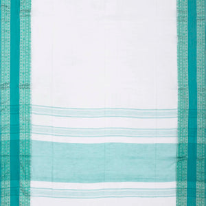 White Woven Bengal Cotton Saree With Cyan Border