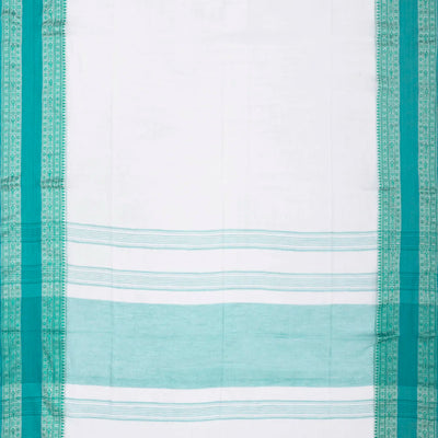 White Woven Bengal Cotton Saree With Cyan Border