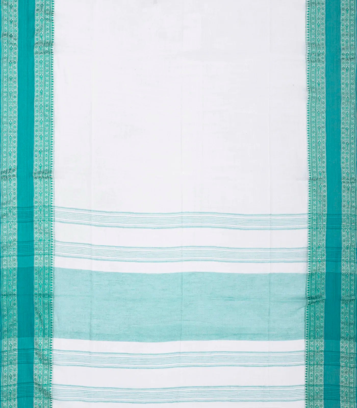 White Woven Bengal Cotton Saree With Cyan Border