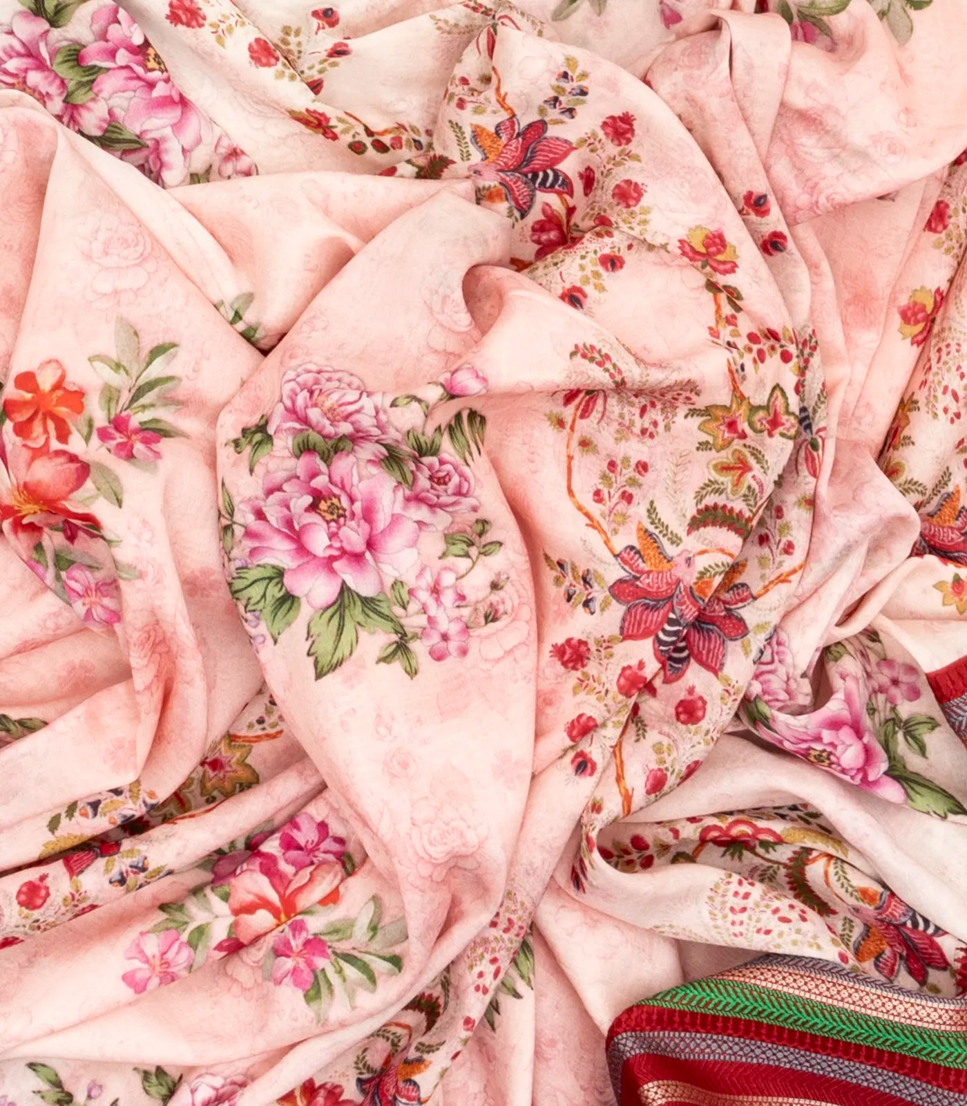 Baby Pink Chanderi Cotton Saree With Printed Floral Motifs