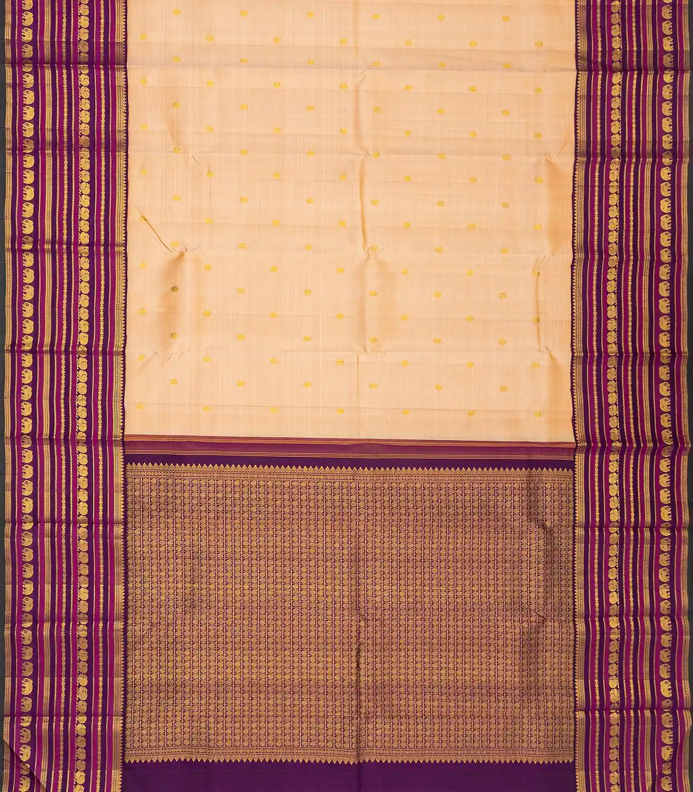 Light Peach Handloom Korvai Kanchipuram Silk Saree With Kamalam Buttas