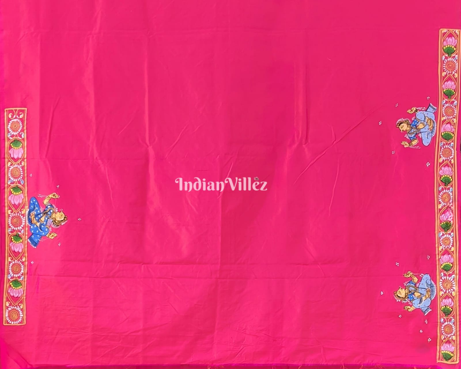 Pink Krishna Janmashtami Theme Hand-Painted Pattachitra Saree