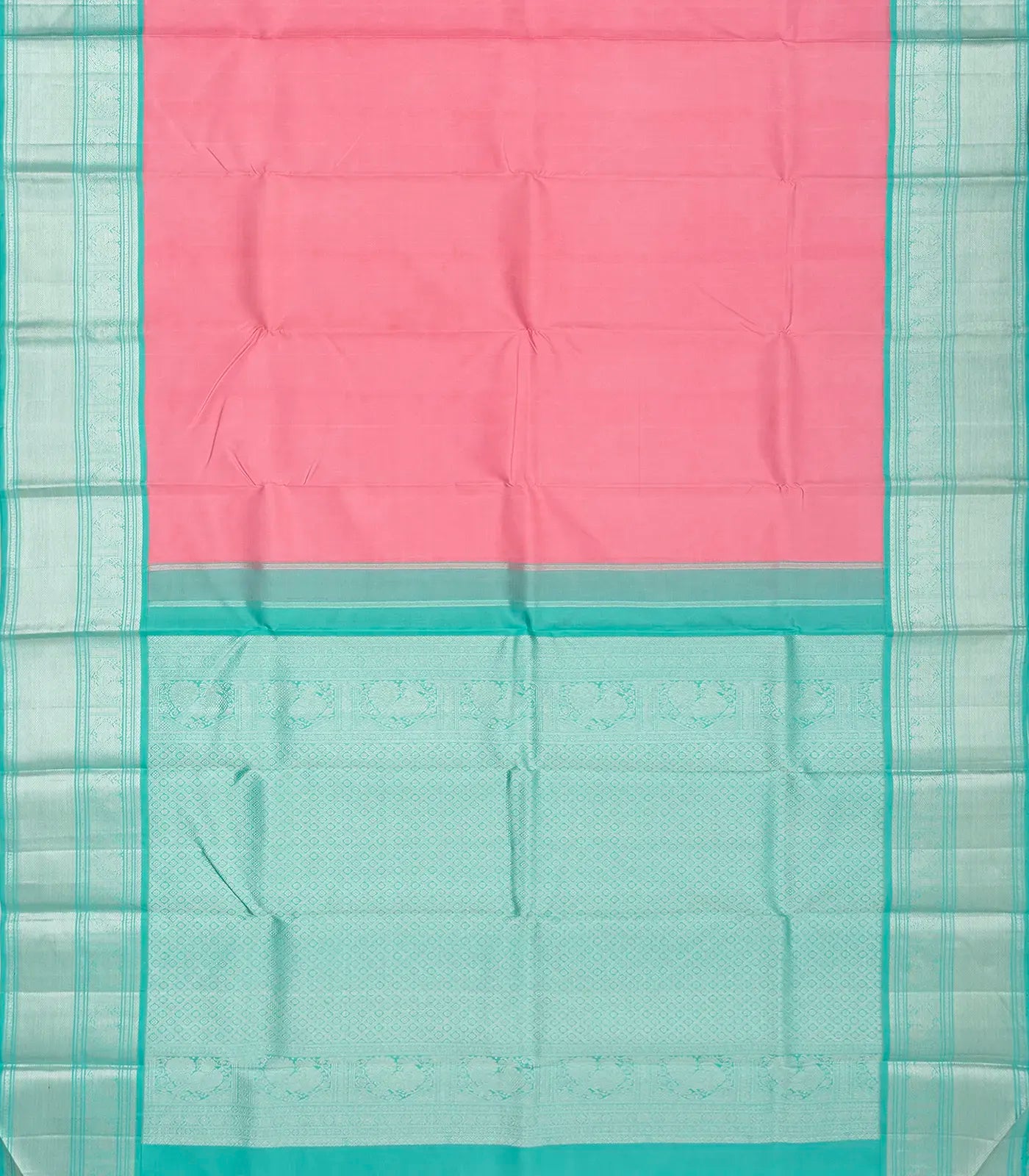 Bubblegum Pink Handloom Kanchipuram Korvai Silk Saree With Turquoise Border