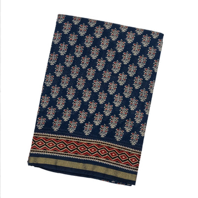 Navy Blue Woven Jaipur Cotton Saree And Printed Floral Motifs