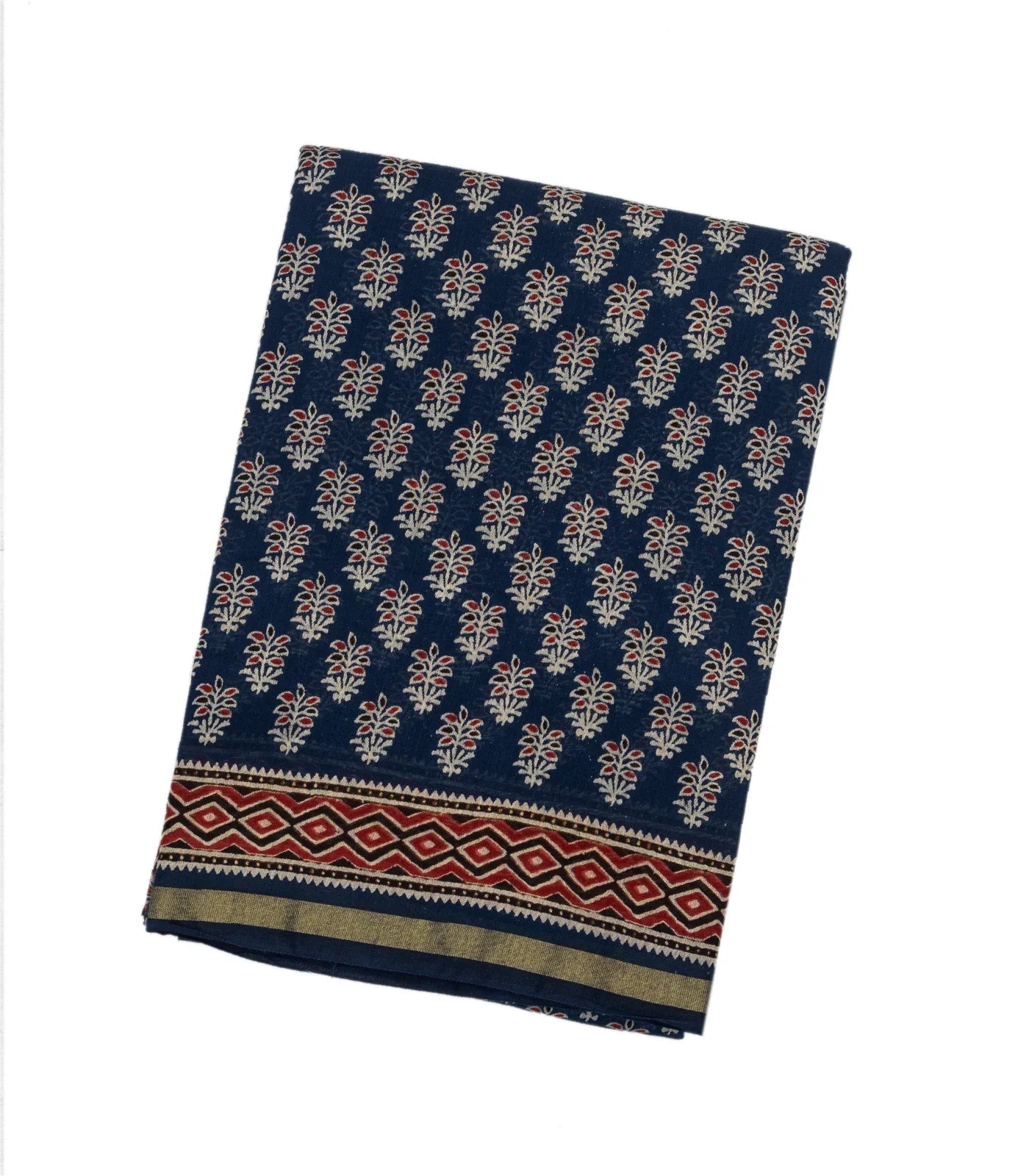 Navy Blue Woven Jaipur Cotton Saree And Printed Floral Motifs