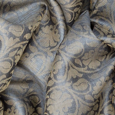 Grey Handwoven Tussar Silk Saree With Floral Vine Motifs & Contrast Pink Pallu-Grey