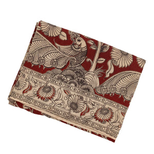 Taupe Cotton Saree With Maroon Kalamkari Print