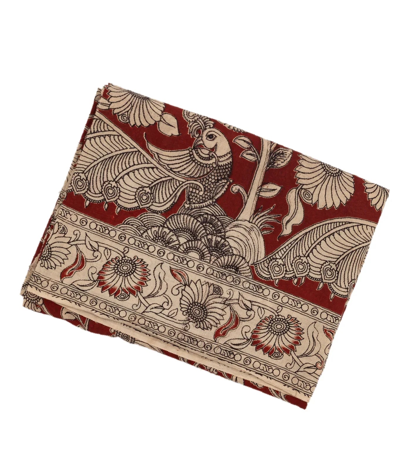 Taupe Cotton Saree With Maroon Kalamkari Print
