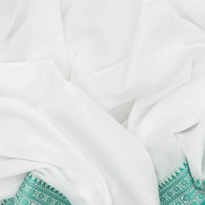 White Handloom Bengal Cotton Saree With Turquoise Border