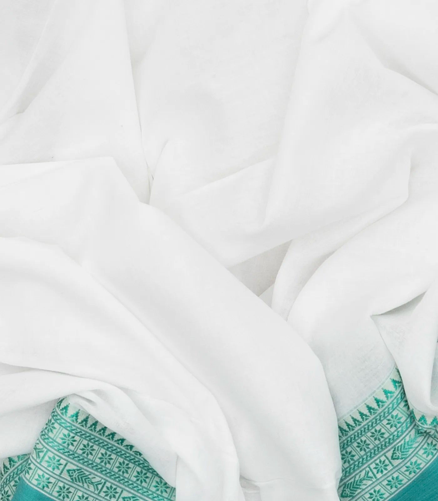 White Handloom Bengal Cotton Saree With Turquoise Border