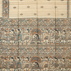 Taupe Handloom Tussar Silk Saree With Printed Cyan Floral Motifs