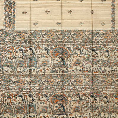 Taupe Handloom Tussar Silk Saree With Printed Cyan Floral Motifs