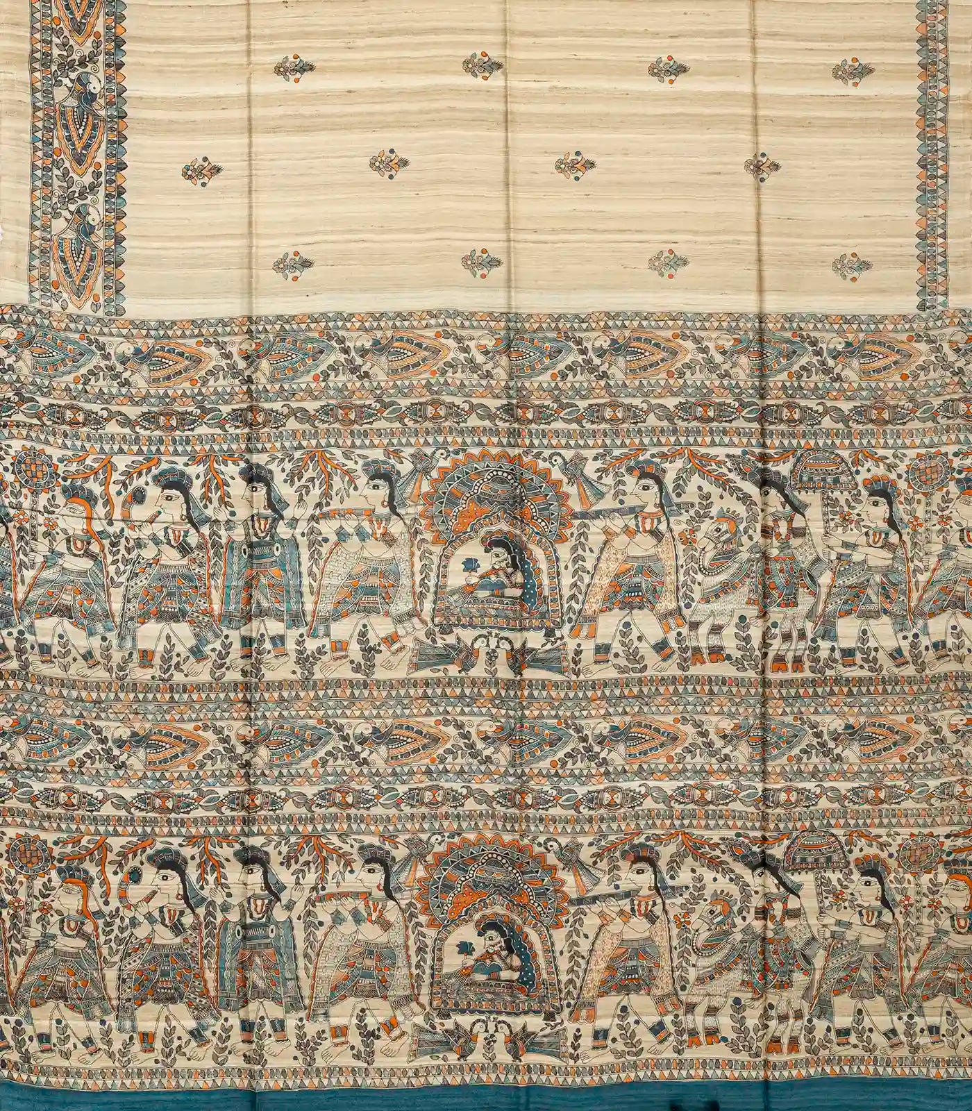 Taupe Handloom Tussar Silk Saree With Printed Cyan Floral Motifs