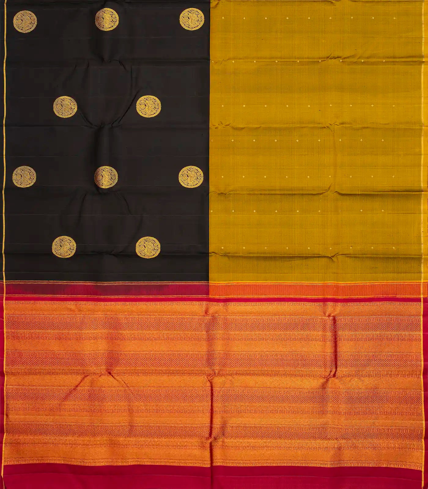 Black & Olive Green Handloom Kanchipuram Half & Half Silk Saree