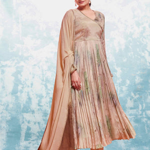 Beige Chinon Silk Dress with Printed Work and Matching Dupatta – Ready to Wear