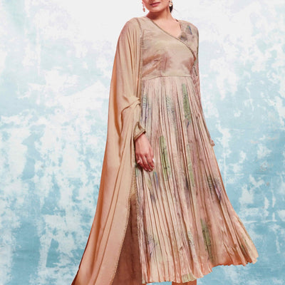 Beige Chinon Silk Dress with Printed Work and Matching Dupatta – Ready to Wear