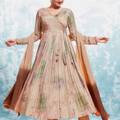 Beige Chinon Silk Dress with Printed Work and Matching Dupatta – Ready to Wear