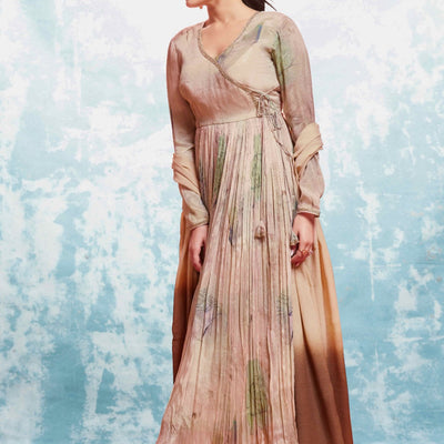 Beige Chinon Silk Dress with Printed Work and Matching Dupatta – Ready to Wear