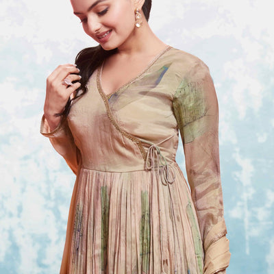 Beige Chinon Silk Dress with Printed Work and Matching Dupatta – Ready to Wear