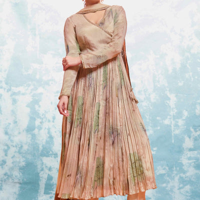 Beige Chinon Silk Dress with Printed Work and Matching Dupatta – Ready to Wear