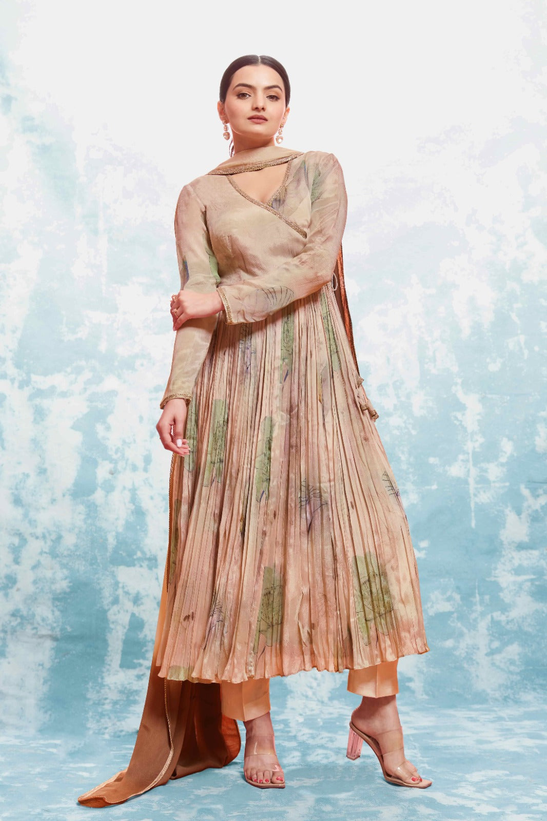 Beige Chinon Silk Dress with Printed Work and Matching Dupatta – Ready to Wear
