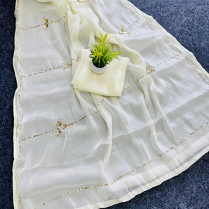 Beige Color Tissue Jimmy Choo Saree with Exquisite Handwork – Complete with Running Blouse