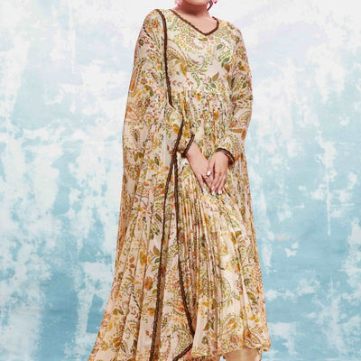 Beige Georgette Printed Suit Set | Fully Stitched & Ready to Wear