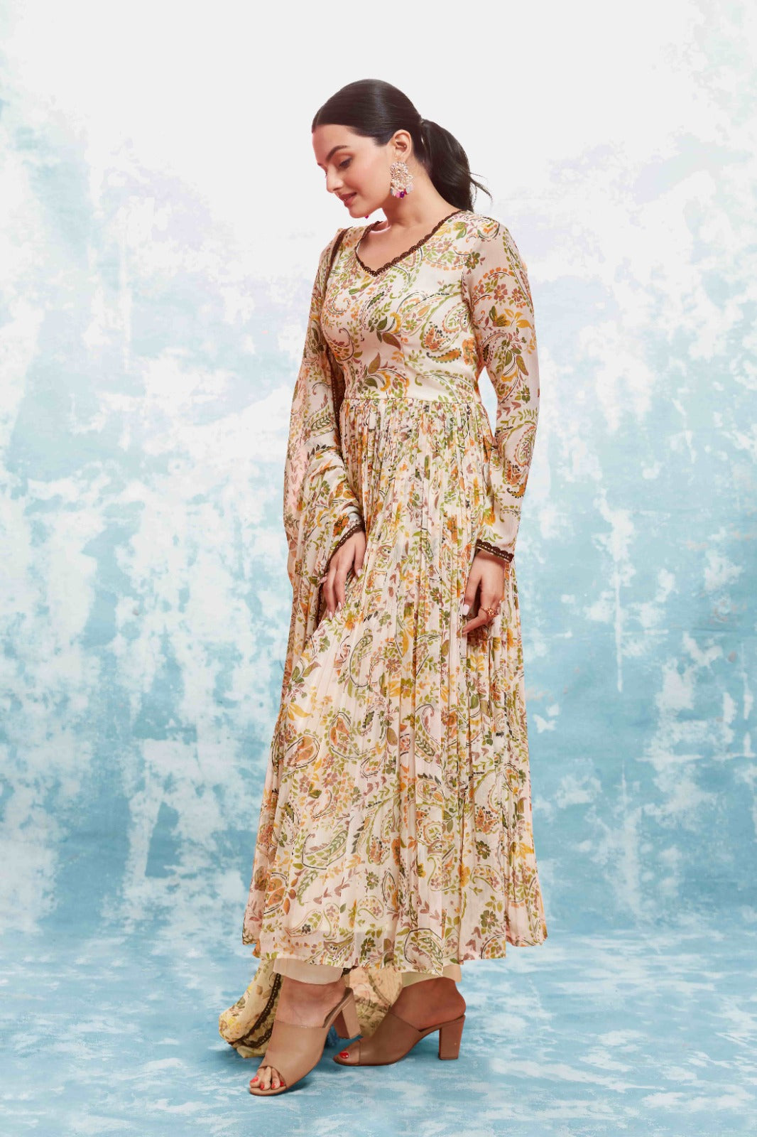 Beige Georgette Printed Suit Set | Fully Stitched & Ready to Wear