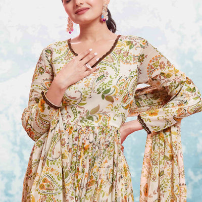 Beige Georgette Printed Suit Set | Fully Stitched & Ready to Wear