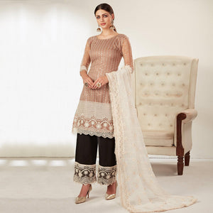 Brown Embroidered Netted Pakistani Suit