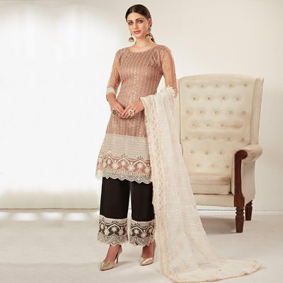 Brown Embroidered Netted Pakistani Suit