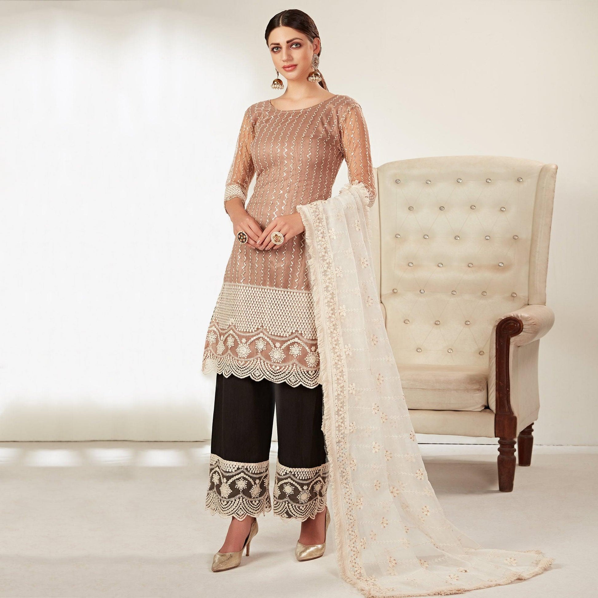 Brown Embroidered Netted Pakistani Suit