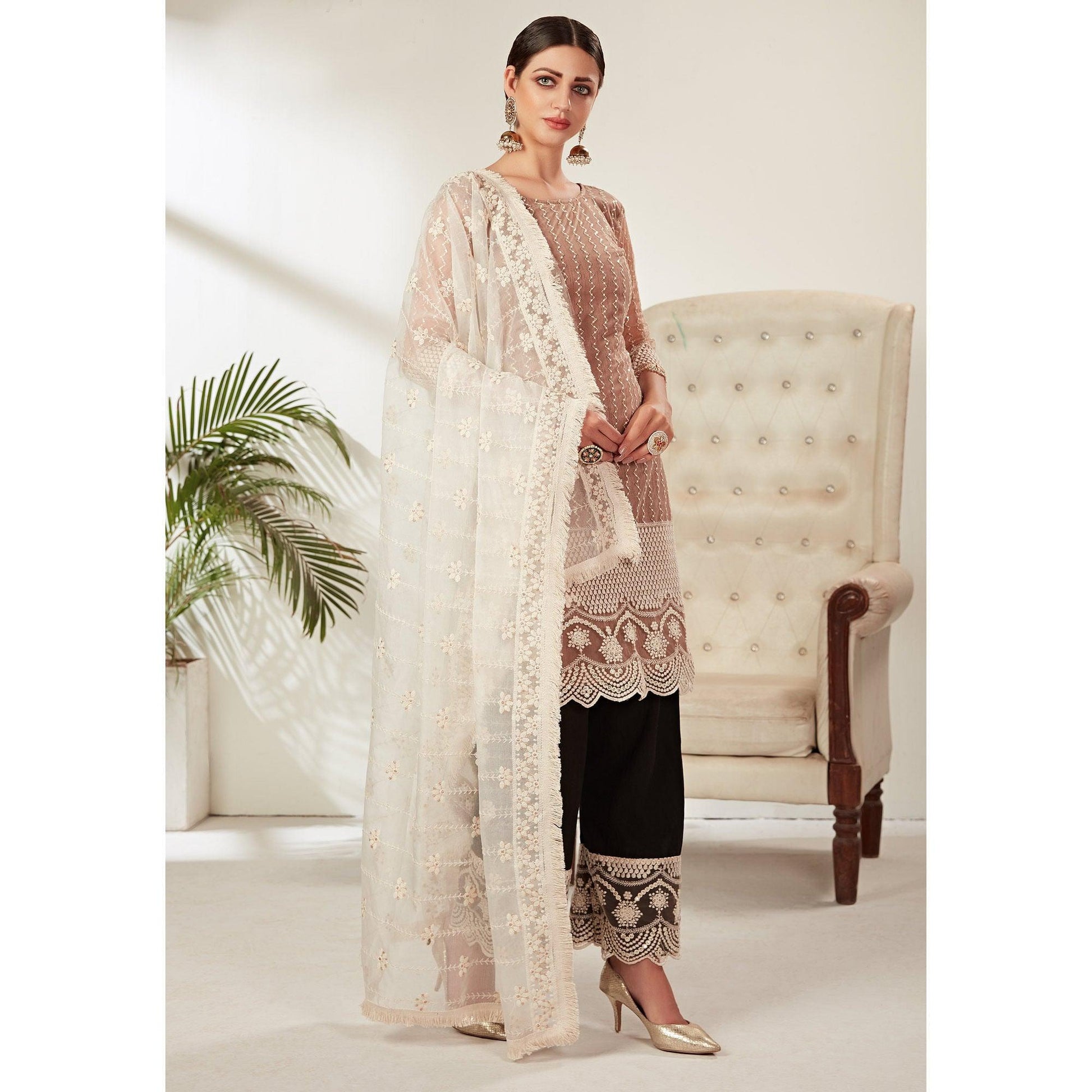 Brown Embroidered Netted Pakistani Suit