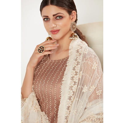 Brown Embroidered Netted Pakistani Suit