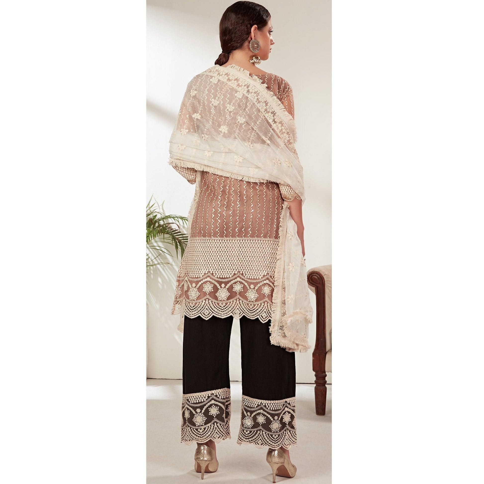 Brown Embroidered Netted Pakistani Suit