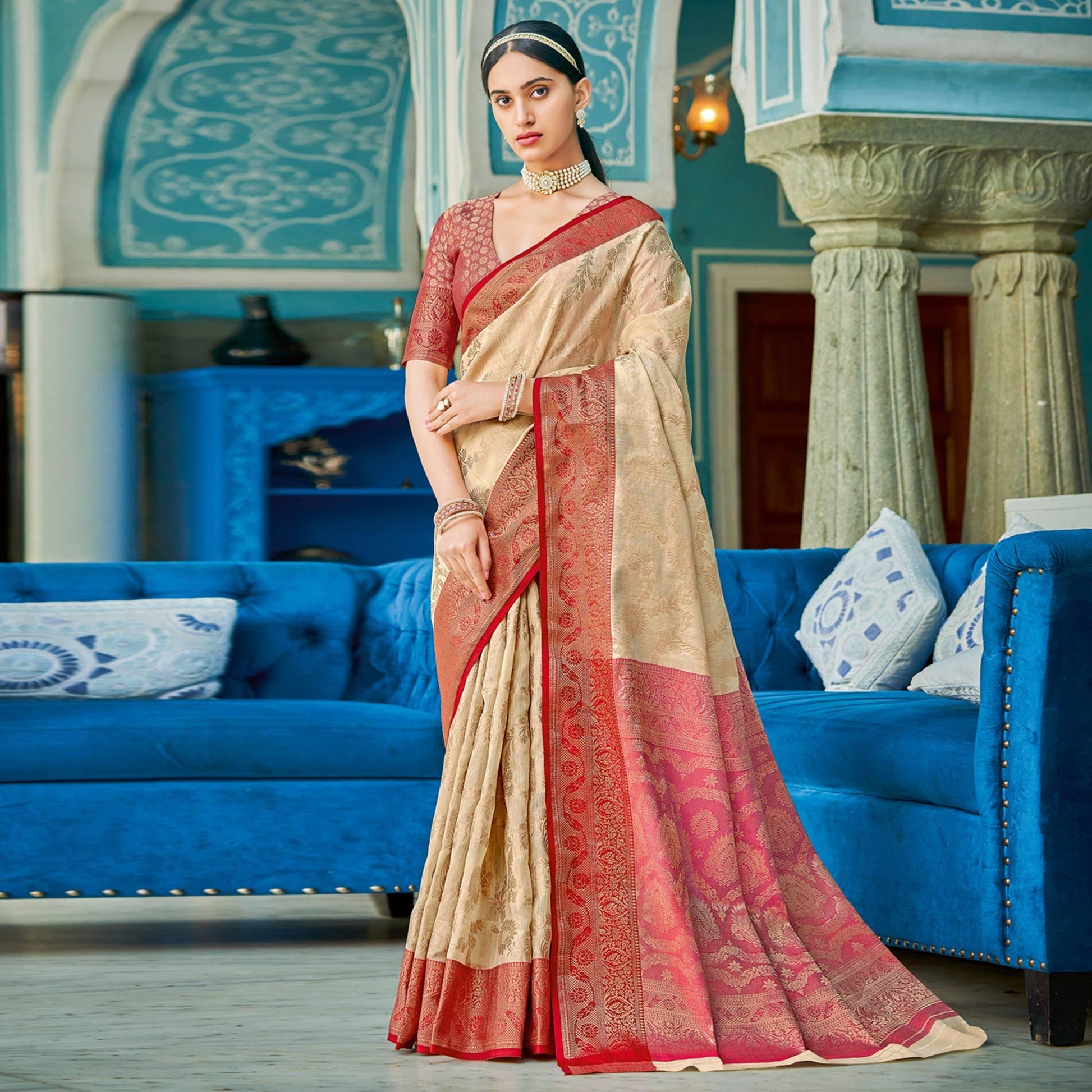 Cream Floral Woven Cotton Blend Saree With Tassels