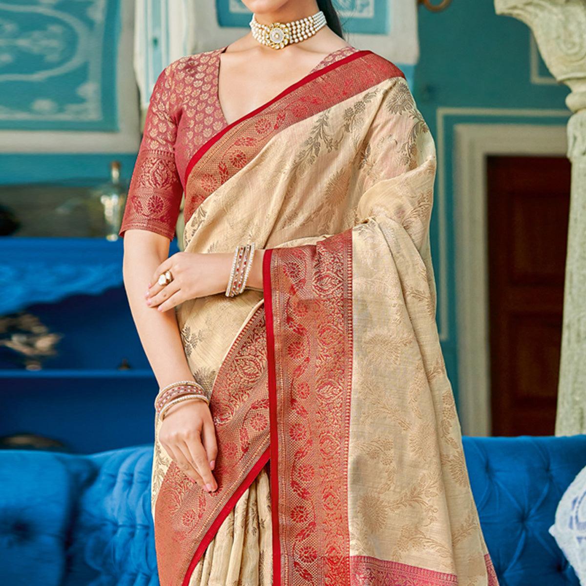 Cream Floral Woven Cotton Blend Saree With Tassels