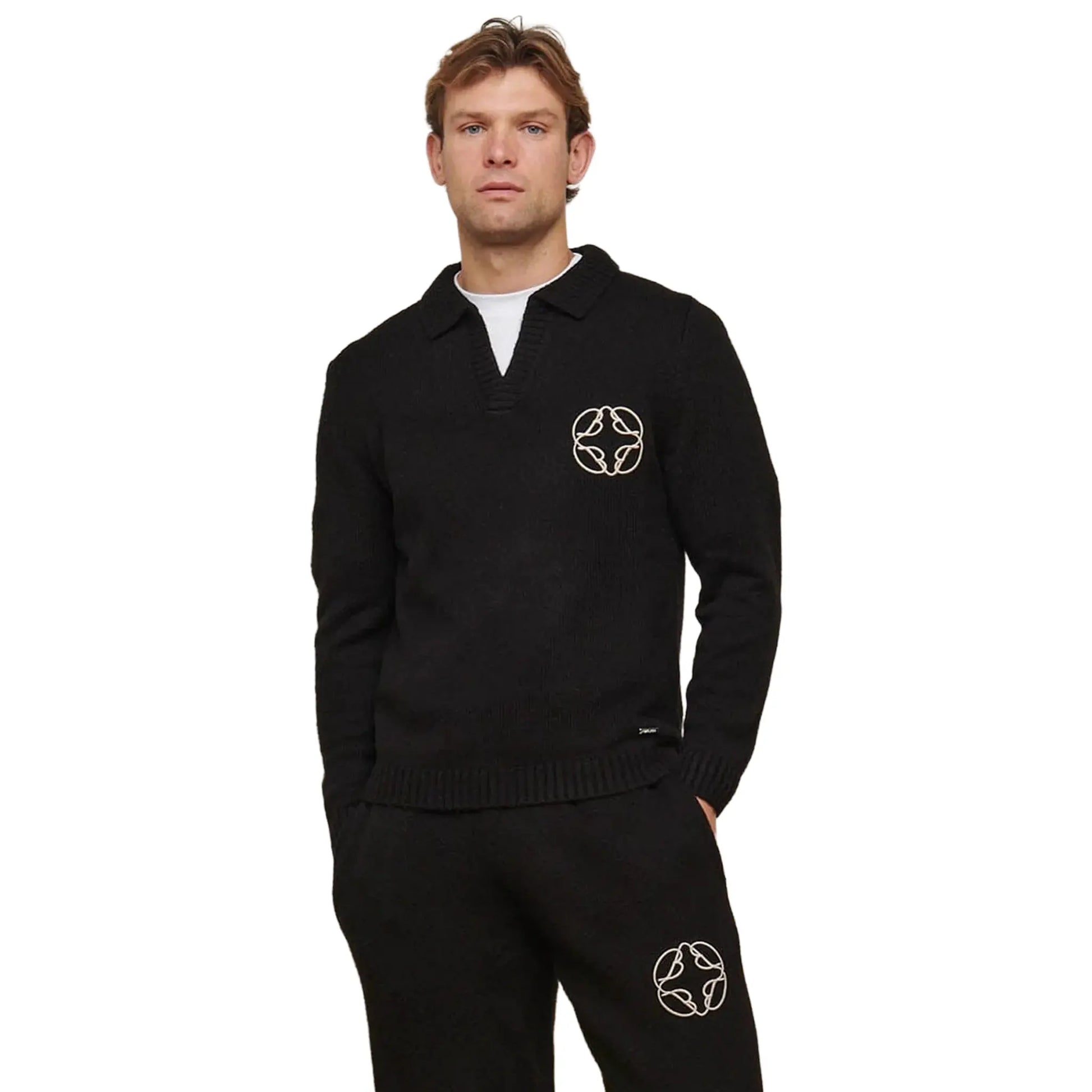 Belier Mohair Knit Open Collar Black Sweatshirt