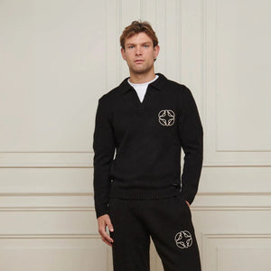 Belier Mohair Knit Open Collar Black Sweatshirt