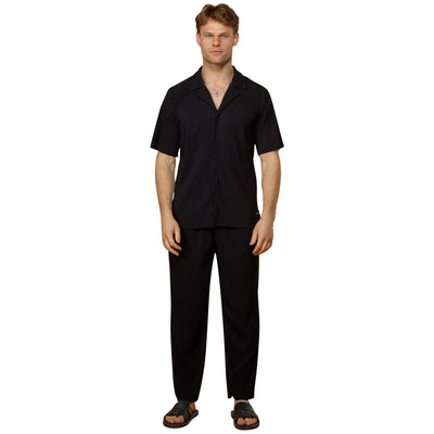 Belier Pleated Short Sleeve Black Resort Shirt