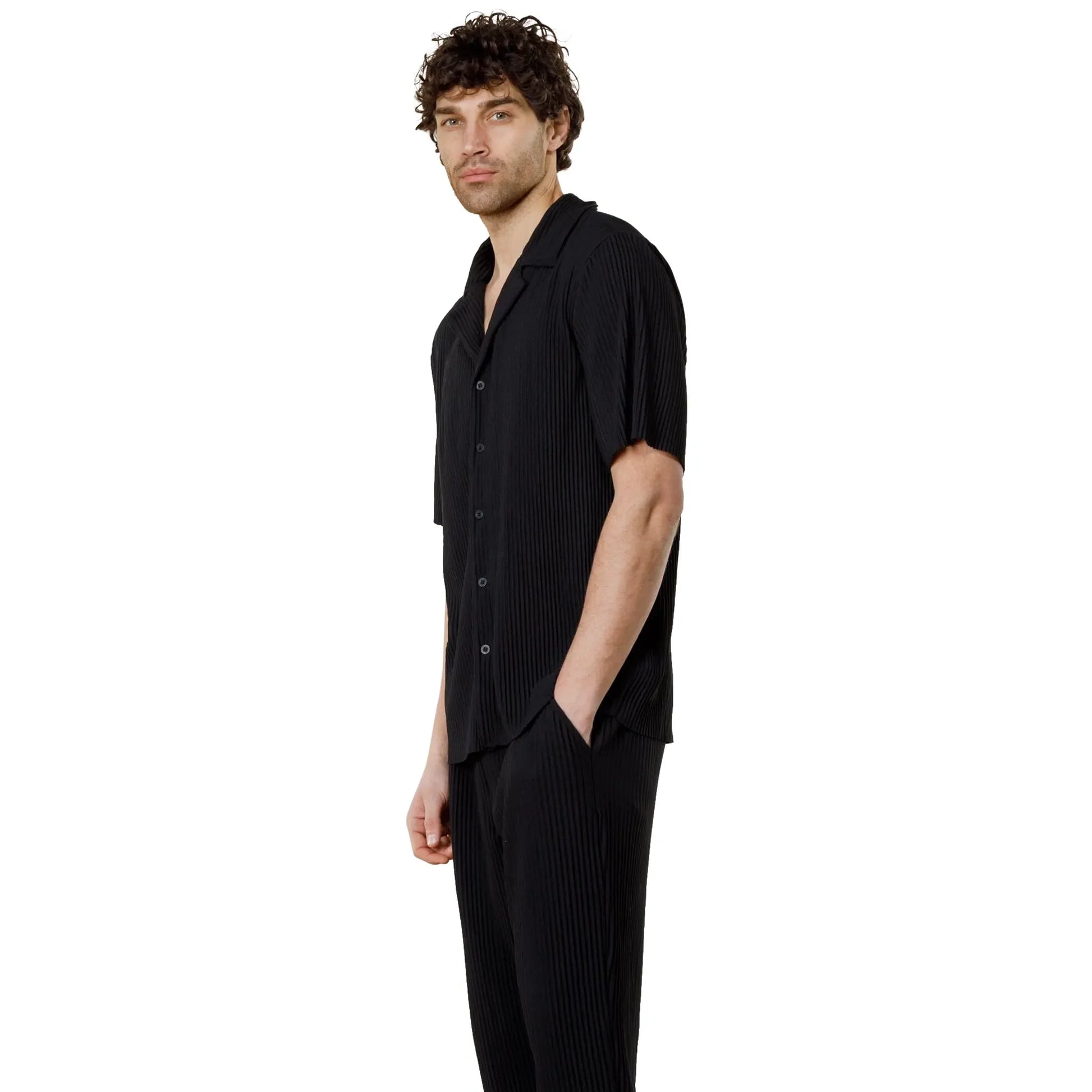 Belier Pleated Short Sleeve Black Resort Shirt