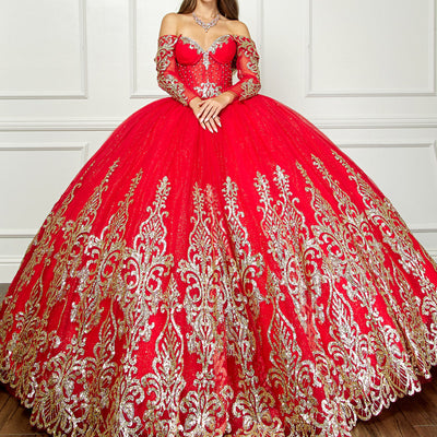 Off Shoulder Long Sleeve Ball Gown by Petite Adele PQ1065