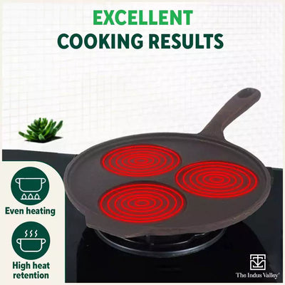 CASTrong Cast Iron Uttapam/ Set Dosa Tawa, 3 Pit, Pre-seasoned, 100% Pure, Toxin-free, Induction, 23cm