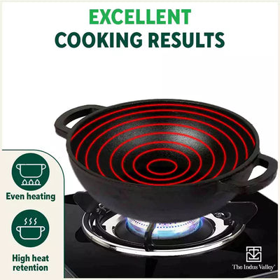 Cast Iron Kadai, Seasoned, Nonstick, 100% Pure, Toxin-free, Induction, 25.4 cm, 2.3 L, 2.5kg
